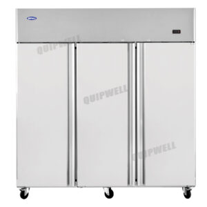 3-door commercial upright storage freezer with stainless steel doors and auto defrost