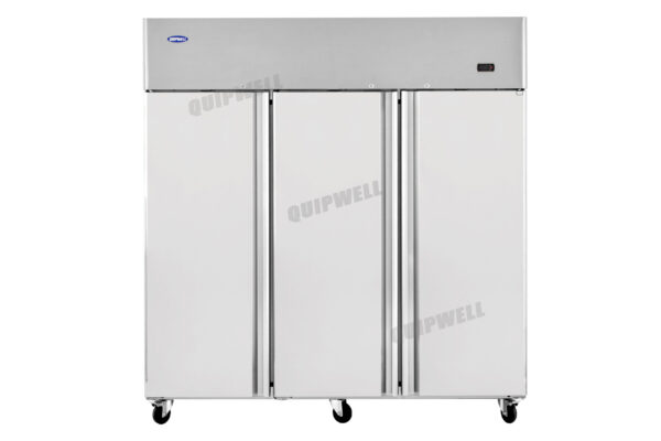 3-door commercial upright storage freezer with stainless steel doors and auto defrost