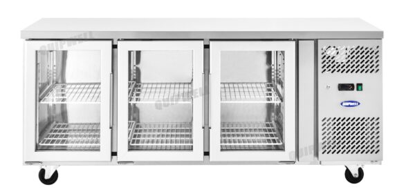 WGA42-2A 3-door commercial under bench fridge with double glazed glass doors and low running costs