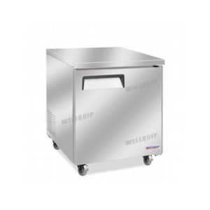 1-door commercial bench freezer with integrated benchtop, stainless steel doors and low running costs