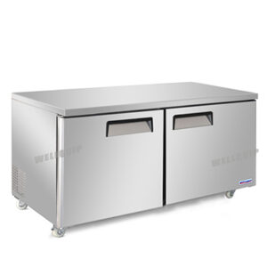 2-door commercial bench freezer with integrated benchtop, stainless steel doors and low running costs