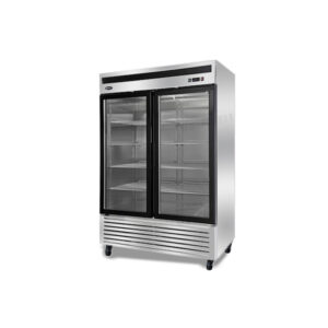 2-door commercial upright display freezer with triple-glazed glass doors and LED lighting
