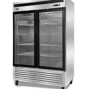 Energy-efficient upright display fridge with 1335L capacity, fan-forced cooling and adjustable shelves