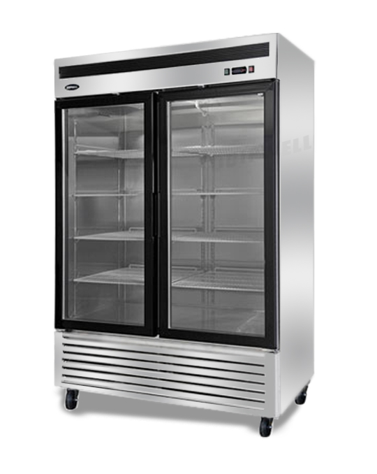 Energy-efficient upright display fridge with 1335L capacity, fan-forced cooling and adjustable shelves