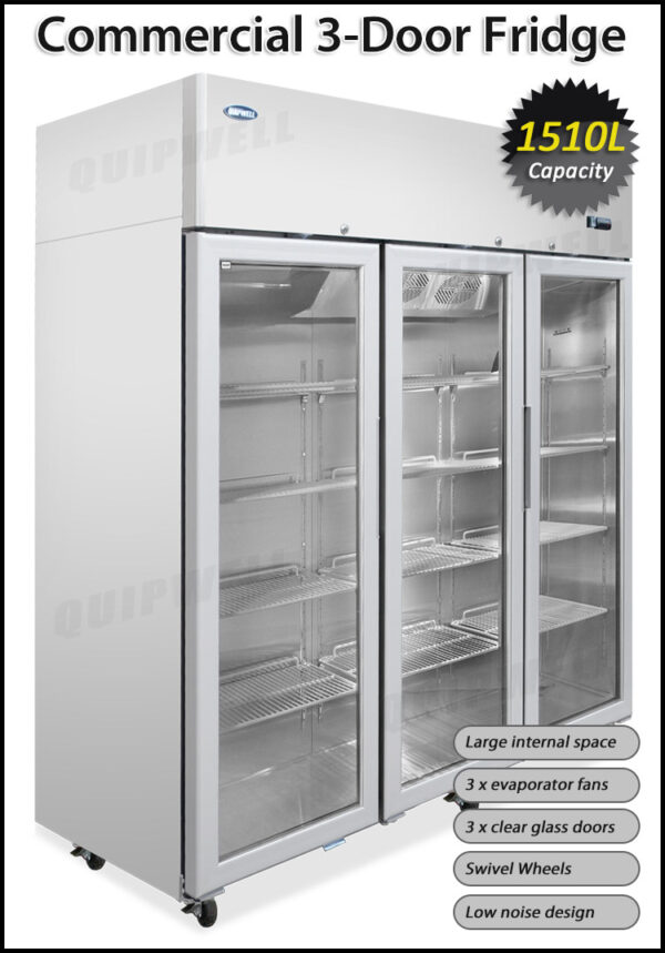 Energy-efficient upright display fridge with 1400L capacity, fan-forced cooling and adjustable shelves
