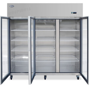 Energy-efficient upright display fridge with 1400L capacity, fan-forced cooling and adjustable shelves