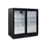 2-door commercial bar fridge with glass doors and LED lighting