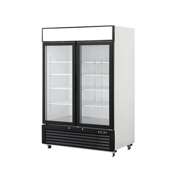 2-door commercial upright display fridge with glass doors and LED lighting