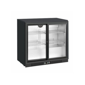 2-door commercial bar fridge with glass doors and LED lighting