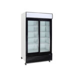 2-door commercial upright display fridge with sliding glass doors and LED lighting