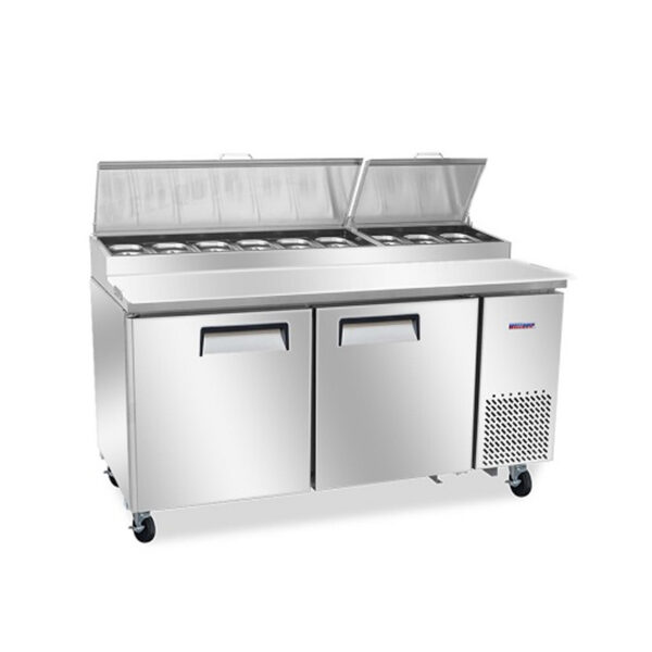 commercial pizza prep fridge with stainless steel GN pans