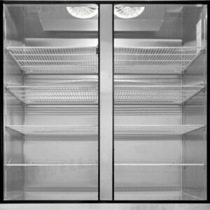 Energy-efficient upright display fridge with 1335L capacity, fan-forced cooling and adjustable shelves