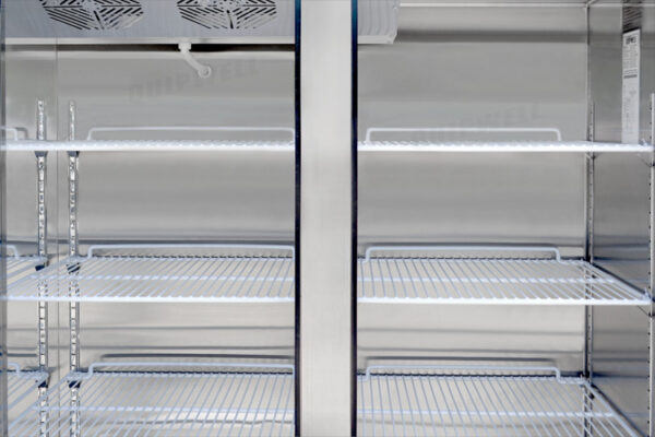 3-door commercial upright display freezer with triple-glazed glass doors and LED lighting