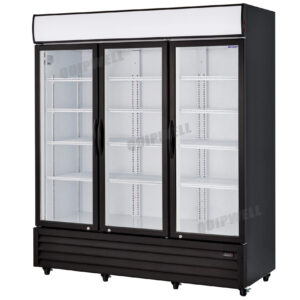 3-door commercial upright display fridge with glass doors and LED lighting