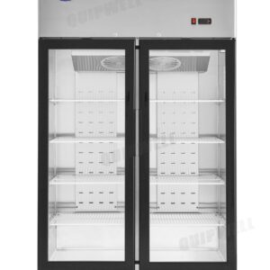 2-door commercial upright display freezer with triple-glazed glass doors and LED lighting